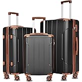 Merax Luggage Sets 3 Piece Hardshell 8 Spinner Wheels Lightweight Suitcase Corner Guards Travel Luggage (Black brown 20IN 24IN 28IN)