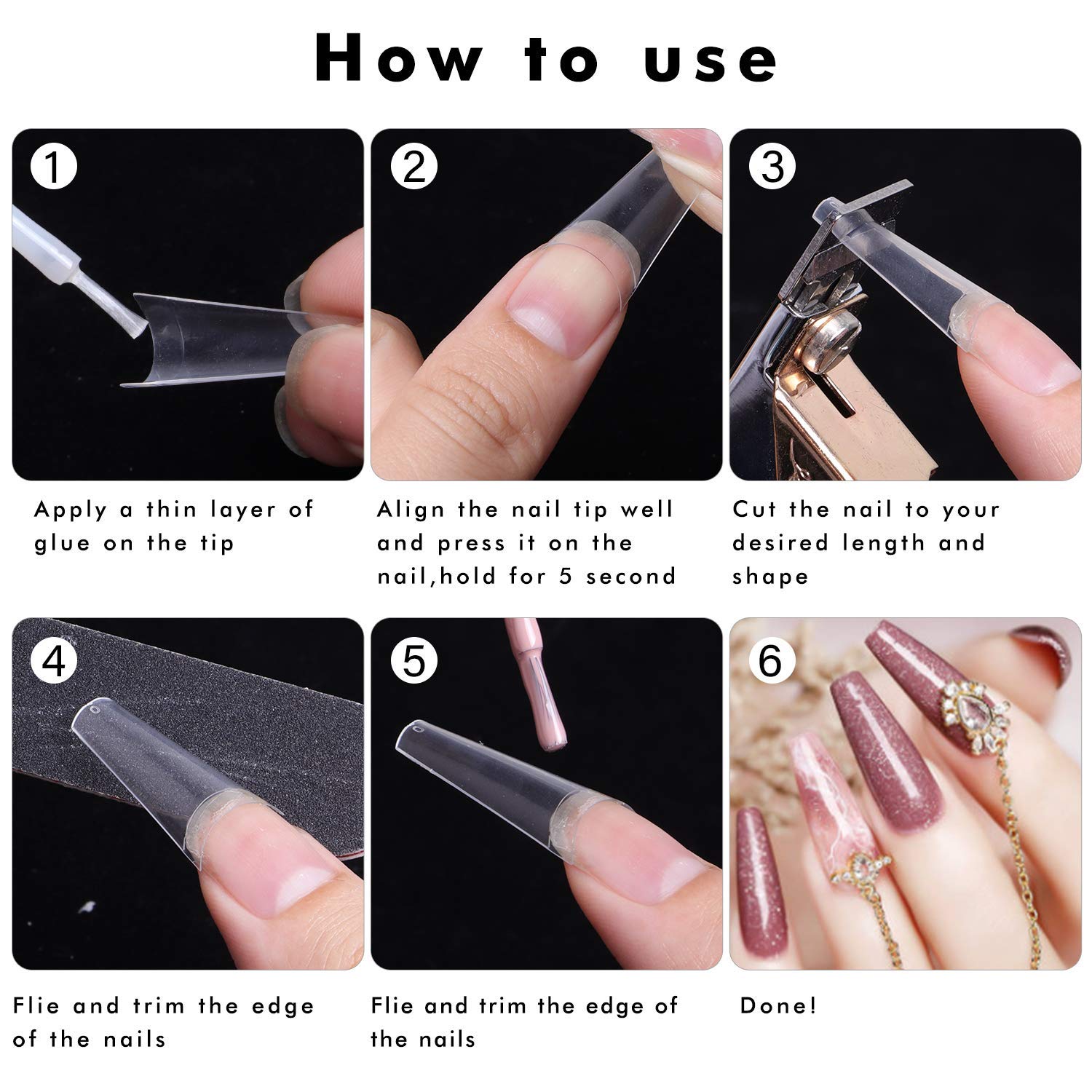 Clear Coffin Nail Tips - Clear Acrylic Nail Tips, 500pcs Clear Ballerina Nail Tips, Half Cover False Nails Fake Nail Tips with Box, INFELING Clear French Nail Tips for Nail Salons Home, 10 Sizes: Beauty