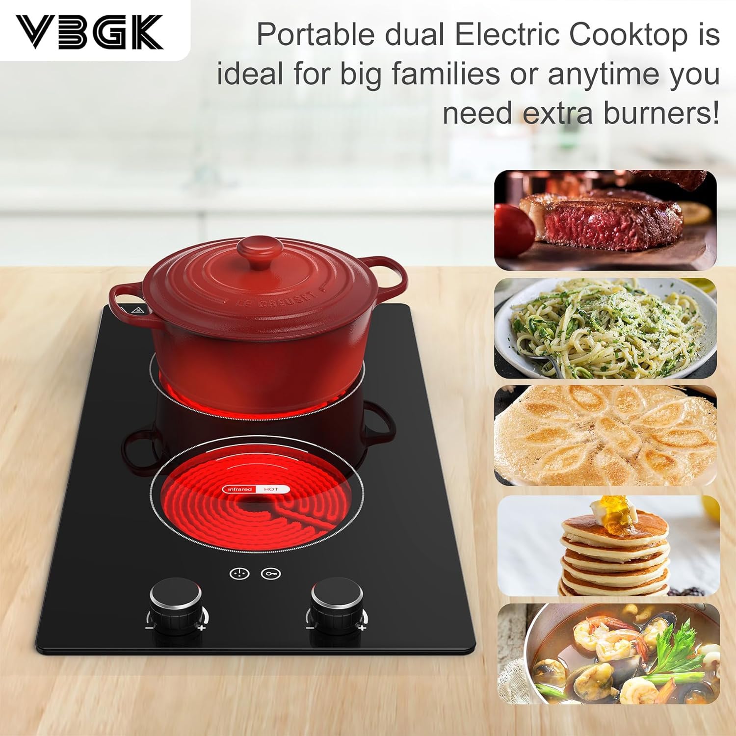 VBGK Electric Cooktop,110V 2100W Electric Stove Top with Knob Control,9 Power Levels, Kids Lock & Timer,LED touch control,Overheat Protection Electric stove,24 Inch desktop 2 burner