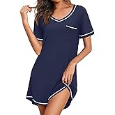 Ekouaer Nightgowns for Women Short Sleeve Sleep Shirts V Neck Night Gown Navy Blue