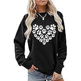 Sunidol Womens Dog Mom Sweatshirts Cute Dog Paw Print Heart Graphic Long Sleeve Crewneck Casual Tee Tops