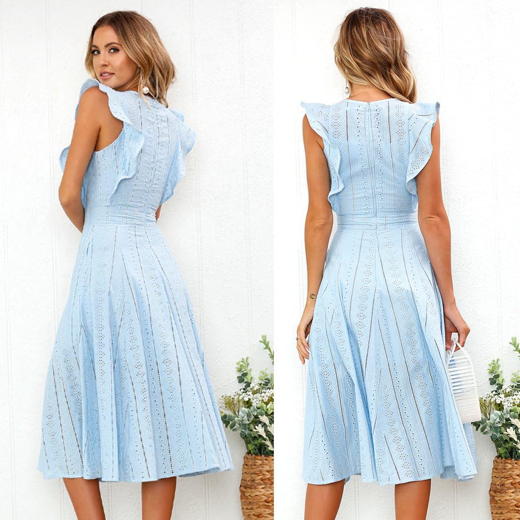 ECOWISH Womens Dresses Elegant Ruffles Cap Sleeves Summer A-Line Midi Dress at  Women’s Clothing store