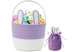 Easter Basket Cotton Rope Easter Bunny Baskets Empty with Handle for Egg Hunt Gifts, Girls Boys First Easter Basket Bucket wi