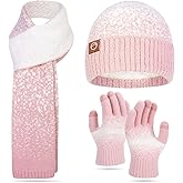 Womens Winter Beanie Hat Scarf Gloves Set - Touchscreen Gloves,Long Knit Scarf & Ombre Snowflake Design Beanie Set for Women