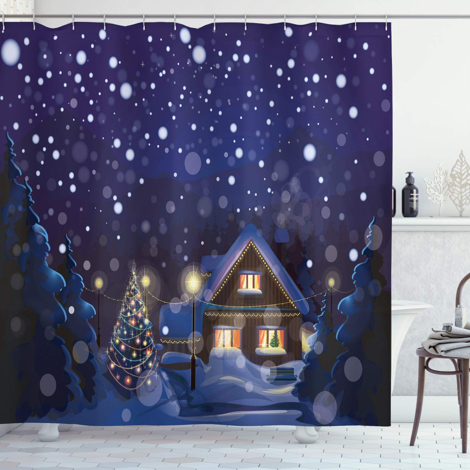 ABAKUHAUS Christmas Shower Curtain, Winter Night Country Landscape with Little House Among Pine Trees and Snow, Cloth Fabric Bathroom Decor Set with Hooks, 86 Inches Extra Long, Navy Blue Yellow โ image 1