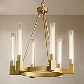 YUEXPAND Gold Farmhouse Wagon Wheel Chandelier with Glass Tube, 23.6 Inch Large Round 6-Light Luxurious Chandelier Fixture Ce