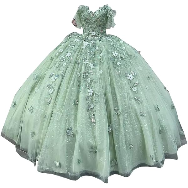 Amazon.com: Pink Butterfly Floral Applique Quinceanera Dresses Bow Off The  Shoulder See Though Top Prom Pageant Dress Sage Green 2: Clothing, Shoes &  Jewelry
