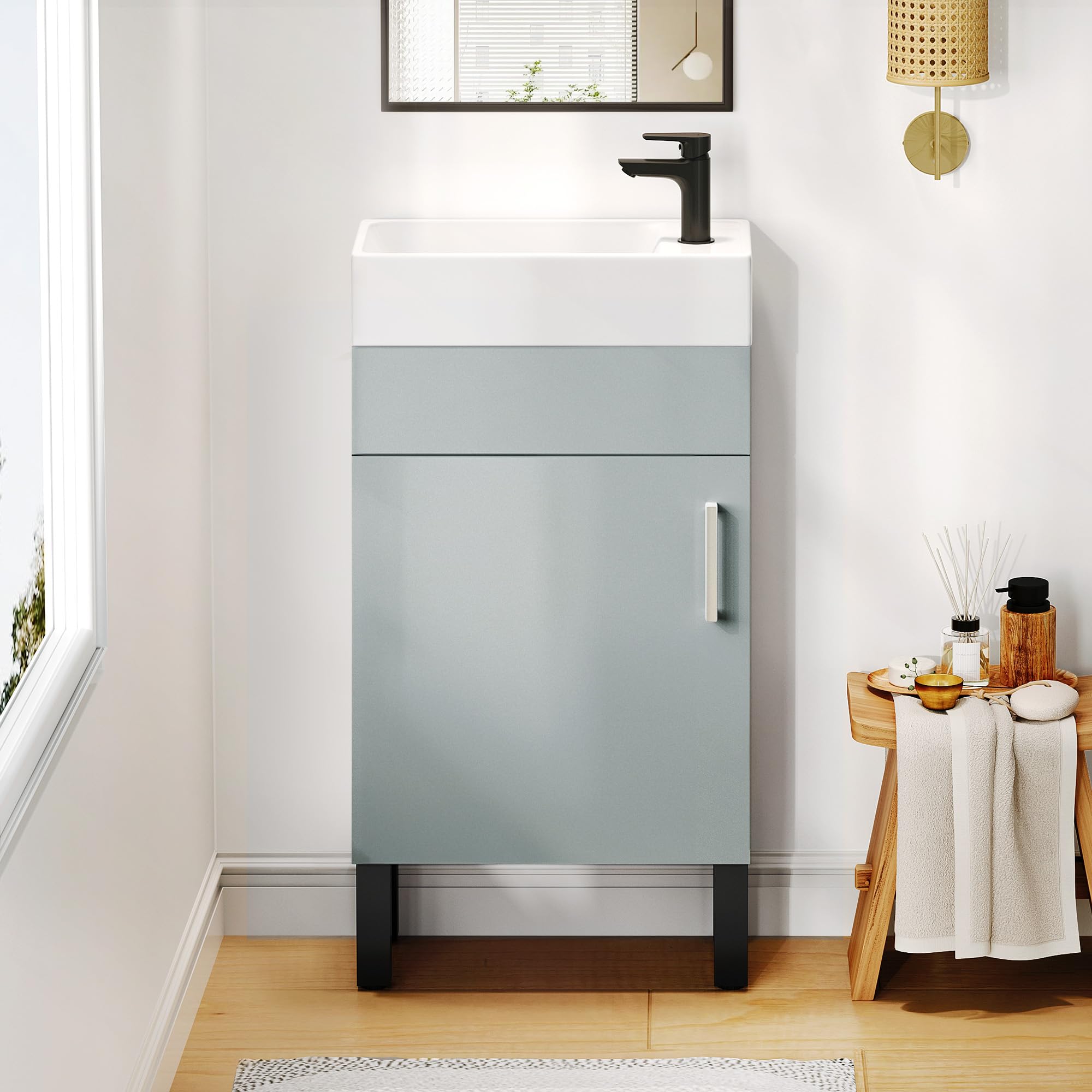 Photo 1 of ***MISSING PIECES SOLD FOR PARTS***** YITAHOME 16 Inch Bathroom Vanity with Sink, Bathroom Cabinet Vanity for Small Space, Freestanding Storage Bathroom Vanity with 1 Soft Closing Cabinet, Grey