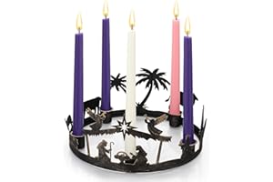 Potchen Christmas Advent Candle Holder 5 Candlestick Holders for Tapper Candles Xmas Metal Advent Wreath Ring Candle Holder Christmas Nativity Home Decorations Season Rustic Scene Decor(Retro Black)