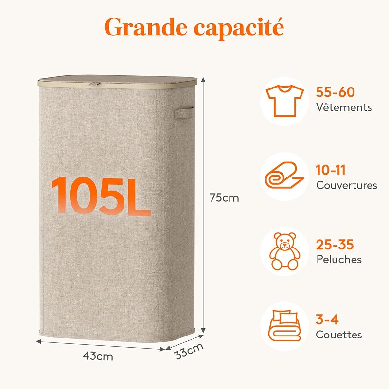 Panier Linge Sale, Bac Linge avec Couvercle, Corbeille Linge avec Plastique Poignées et Sac Linge, Laundry Basket pour Buanderie, Chambre, Salle de Bain, 105 L, Beige