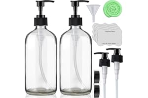 Pump Glass Bottles Soap Dispenser - Clear Empty Bottle 16 Oz Refillable Container Set with Labels & Lids for Bathroom & Kitch