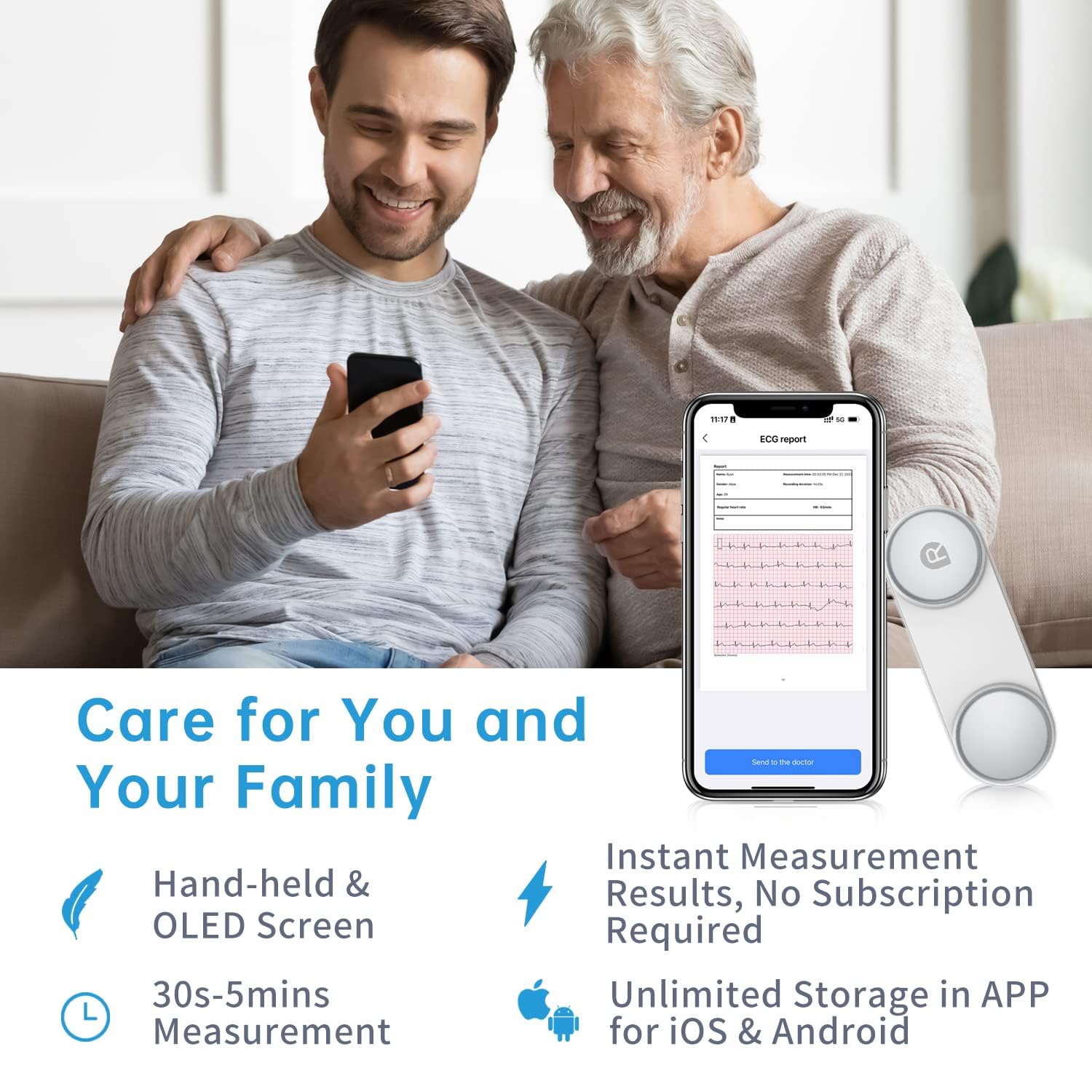 CheckMe DuoEK-S Mobiles EKG Gerät, Wireless Bluetooth EKG Messgerät mit Analysebericht, 0,96 Zoll OLED-Bildschirm, 30s - 5 mins, Herzfrequenzmonitor, APP für iOS/Android 6