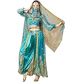 ORIDOOR Women's New Aladdin Jasmine Princess Belly Dance Halloween Costume Set Belly Dance for Dress Up Party 5 Piece Outfit