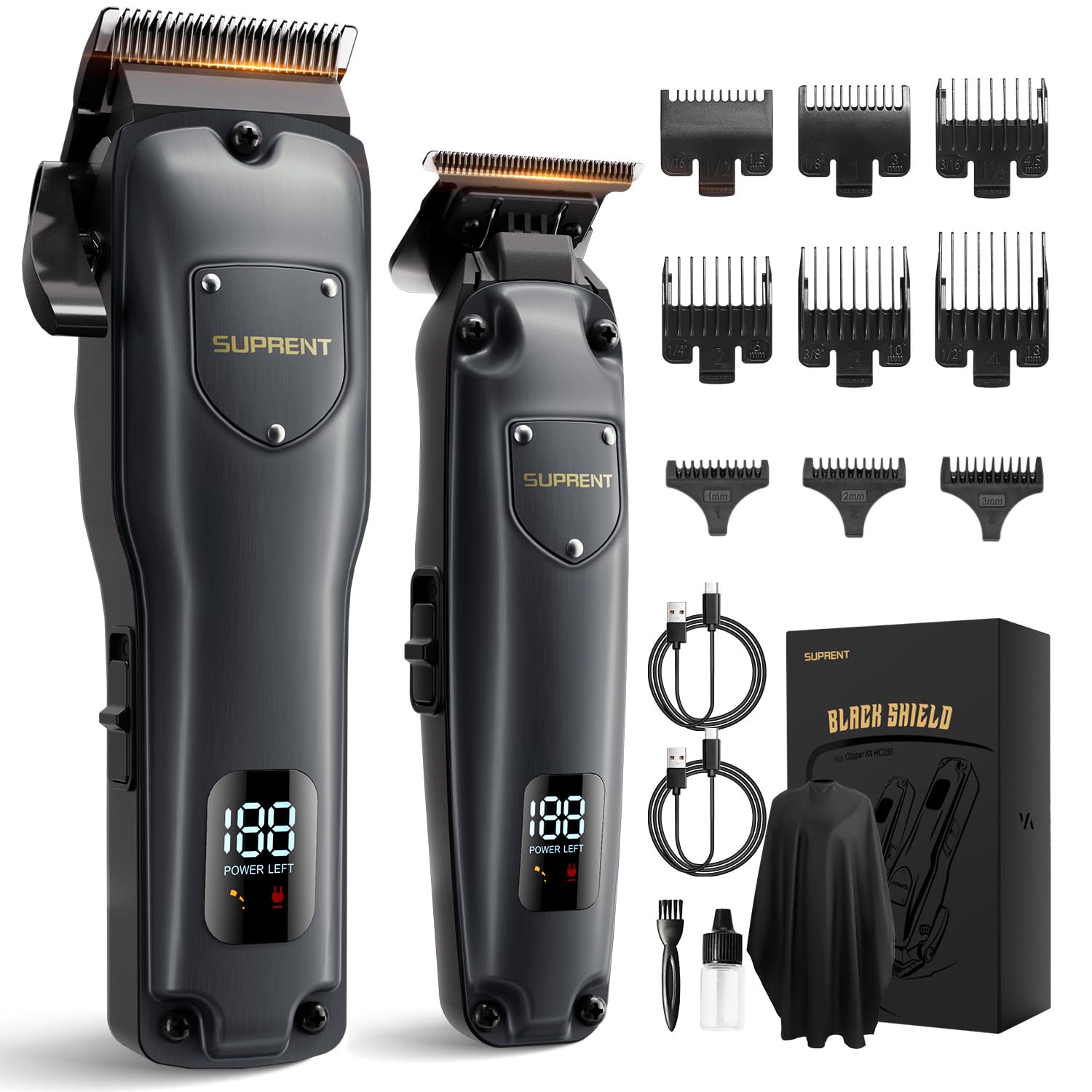 SUPRENT Haarschneidemaschine Set für Herren, Schnurlose Haarschneider Pflegesets, Friseur-Haarschere mit LED-Anzeige, Präzisions Haartrimmer Bartschneider für Männer (Grau)