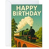 CENTRAL 23 Happy Birthday Card – Vintage Train Steam Engine Design - Gifts for Train Enthusiasts, Kids, Adults, Him, Her, Dad, Grandad, Brother, Son, Uncle, Boys - Comes with Stickers