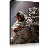 Christian Canvas Wall Art Jesus and the Lamb Wall Decor Jesus Saves the Lost Lambs Artwork Picture God Protects the Sheep from Wolves Poster Print Christian Gift for Church Living Room Bedroom 12x16in