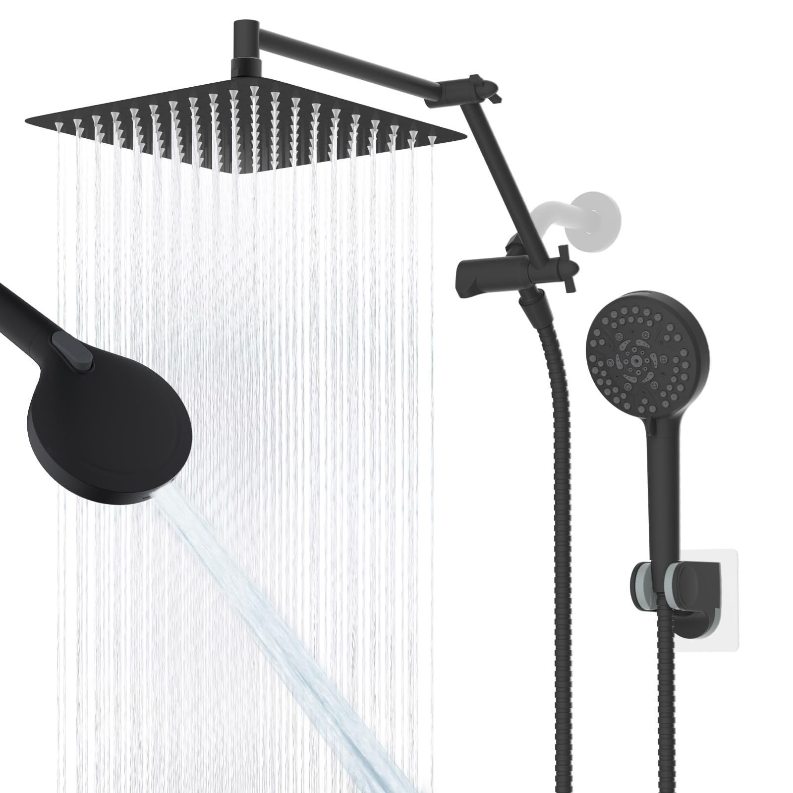 Photo 1 of iFealClear Metal Rain Shower Head, 10” High Pressure Rainfall Shower Head with Handheld Spray Combo, 10-Spray Handheld Built-in Power Wash, 16" Shower Extension Arm, 3-Way Diverter, Matte Black