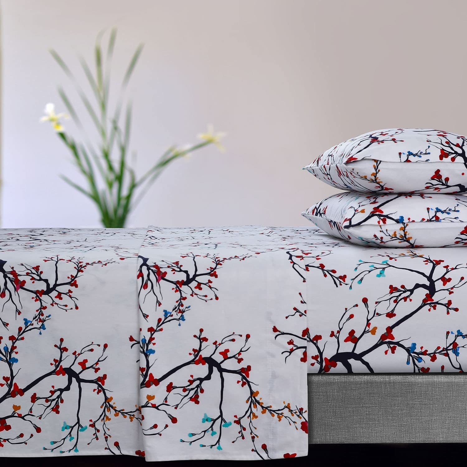 Tribeca Living Ultra-Soft Flannel Sheet Set, 170-GSM Cotton, Deep Pocket, Cozy Winter Bedding – California King, Emilia Tree Red