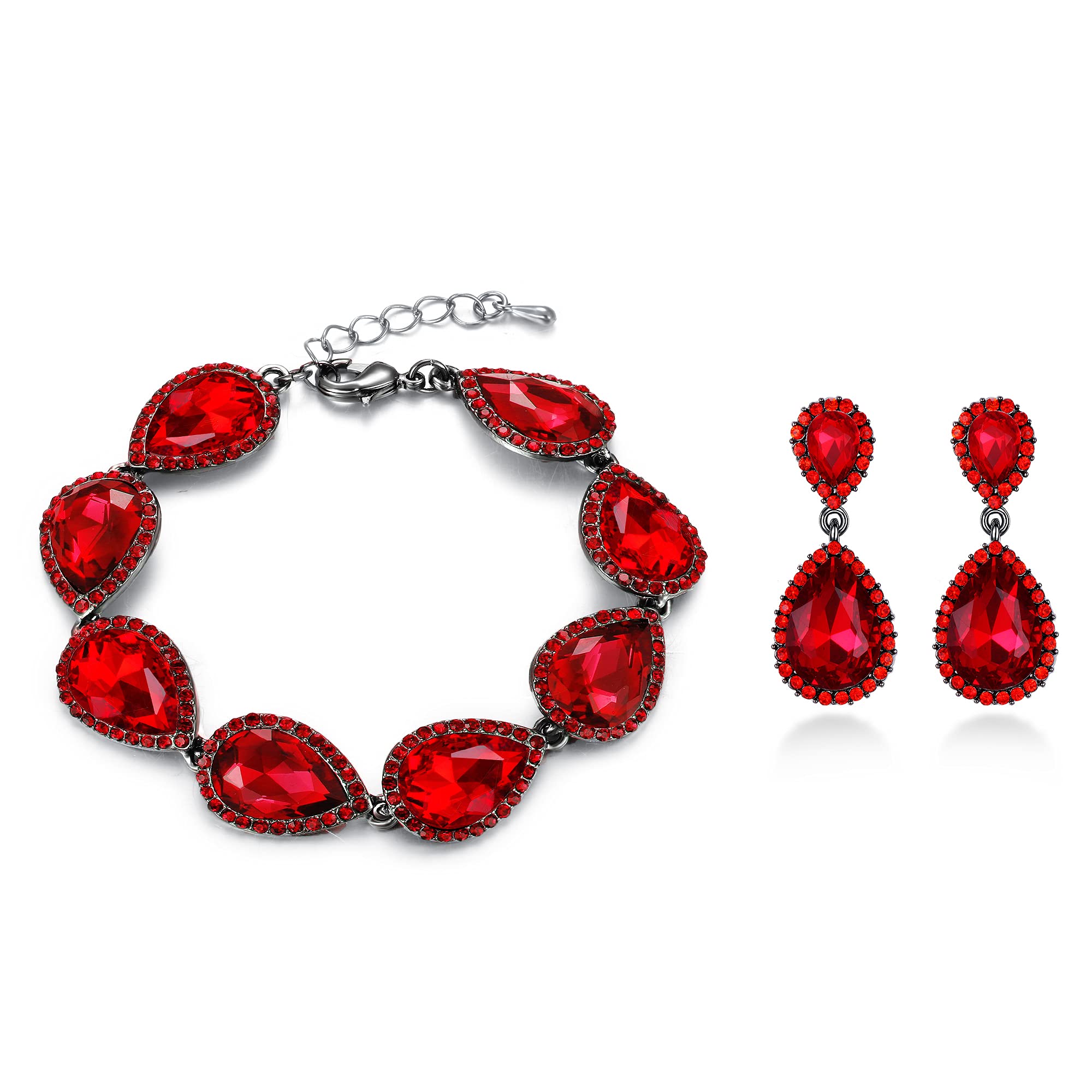 Ever Faith Bridal Jewellery Set Rhinestone Crystal Teardrop Dangle Earrings Link Bracelet Set Red