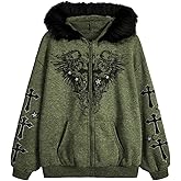 Verdusa Women's Y2k Faux Fur Graphic Zip Up Hoodie Sweatshirt Goth Grunge Fleece Jacket with Pockets