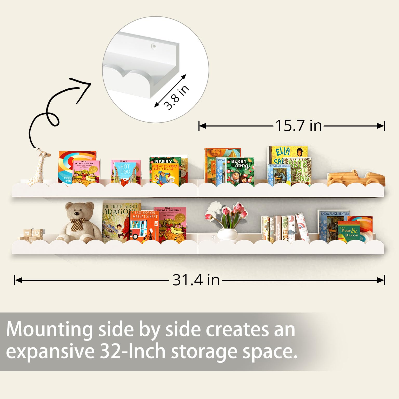 Nursery Book Shelves for Wall ,4-Pack Floating Kids Bookshelf for Bedroom, Nursery and Playroom - Wall Mounted, Space Saving, Easy to Install, Holds Multiple Books - Ideal for Children’s Room Storage