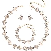 rneyflow Bridal Wedding Crystal Leaf Choker Necklace Dangle Earring Bracelet Brides Bridesmaid Jewelry Set for Women