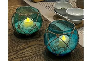 HOME DECOR SAILINGSTORY SAILINGSTORY Glass Fishing Float Tealight Candle Holder Nautical Coastal Decor Beach Bathroom Decor Votive Candle Holder Teal and Blue Set of 2 Pack