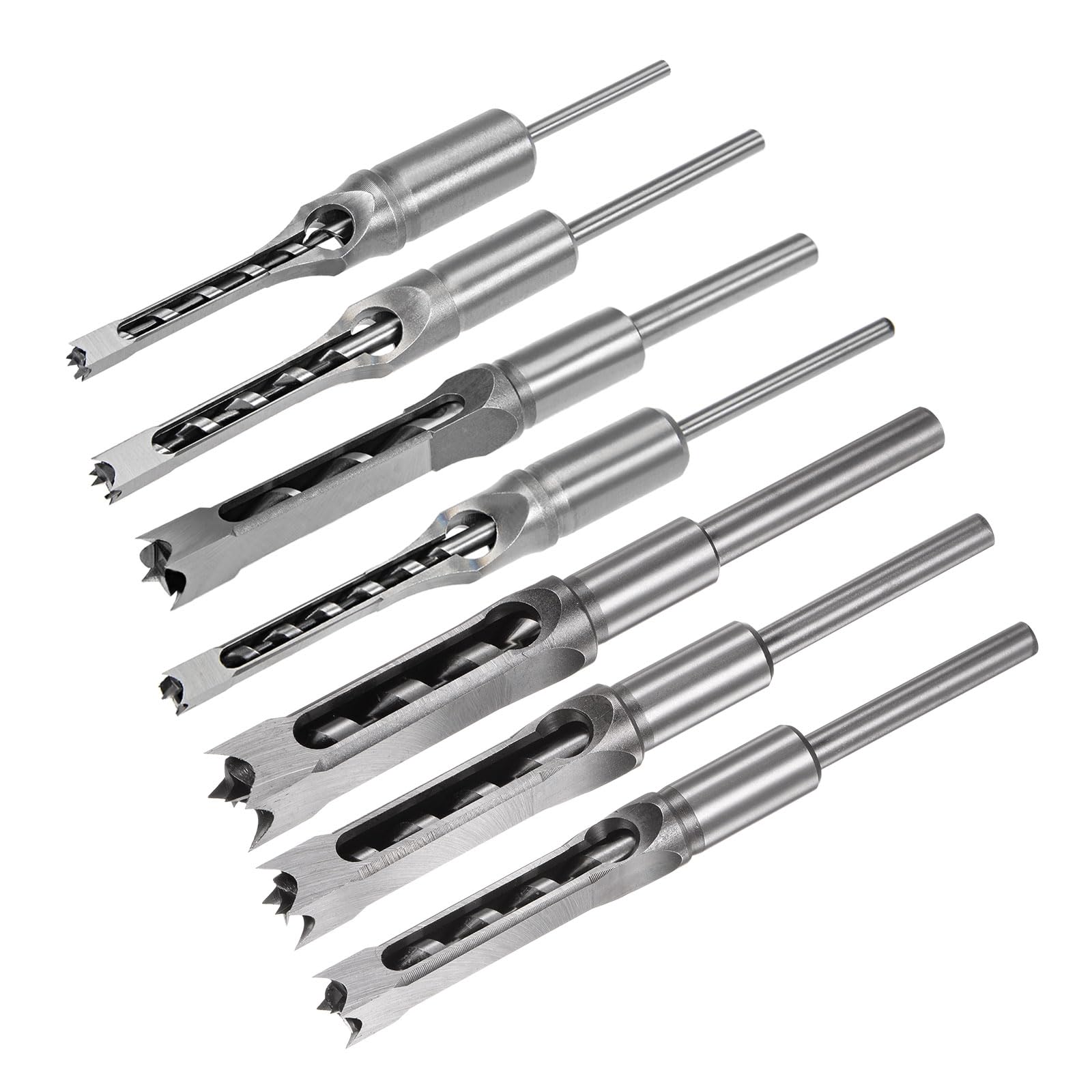 uxcell 7pcs Square Hole Drill Bit for Wood 1/2", 1/4", 3/8", 5/8", 5/16", 9/16", 3/4" Hollow Chisel Mortiser Auger Spur Cutter Tool for Woodworking Carpentry