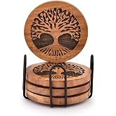 Kimona Coasters Set of 4 Handmade Round Wooden Tree of Life Coasters for Drinks with Iron Holder for Any Table Type for Bar Kitchen Home Apartment (4
