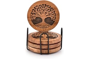 Kimona Coasters Set of 4 Handmade Round Wooden Tree of Life Coasters for Drinks with Iron Holder for Any Table Type for Bar Kitchen Home Apartment (4" x 4" x 0.5")