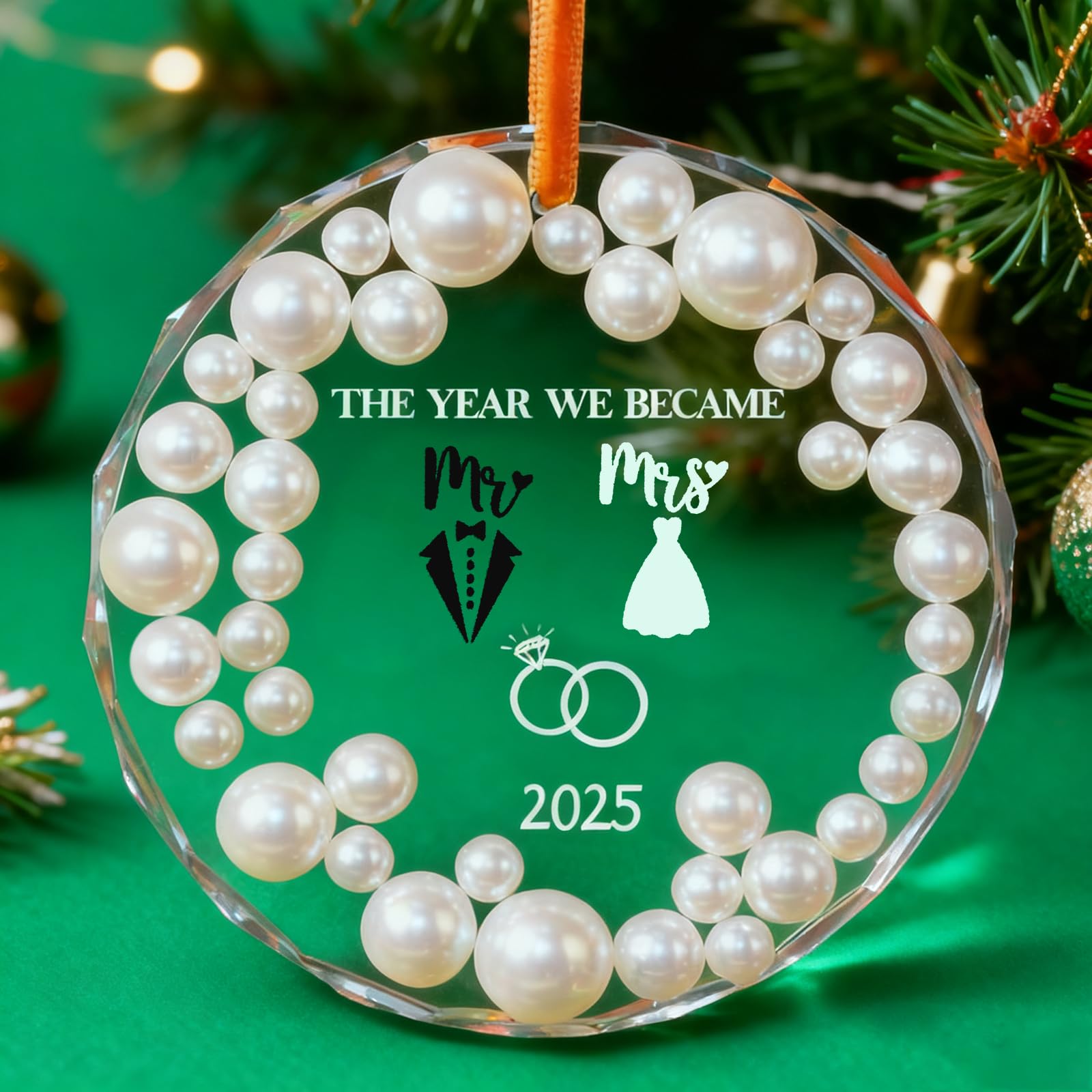 Photo 1 of ++2 pcs++Wedding Gifts-2025 Personalized First Christmas Married Ornament - Mr and Mrs Wedding Gift for Couples, Bridal Shower Gift for Bride & Newlyweds, Crystal Glass Just Married Ornament (White-B)