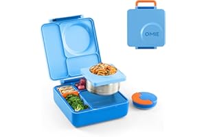 Omie OmieBox Bento Box for Kids - Insulated Lunch Box with Leak Proof Food Jar - 3 Compartments, 2 Temperature Zones (Blue Sk