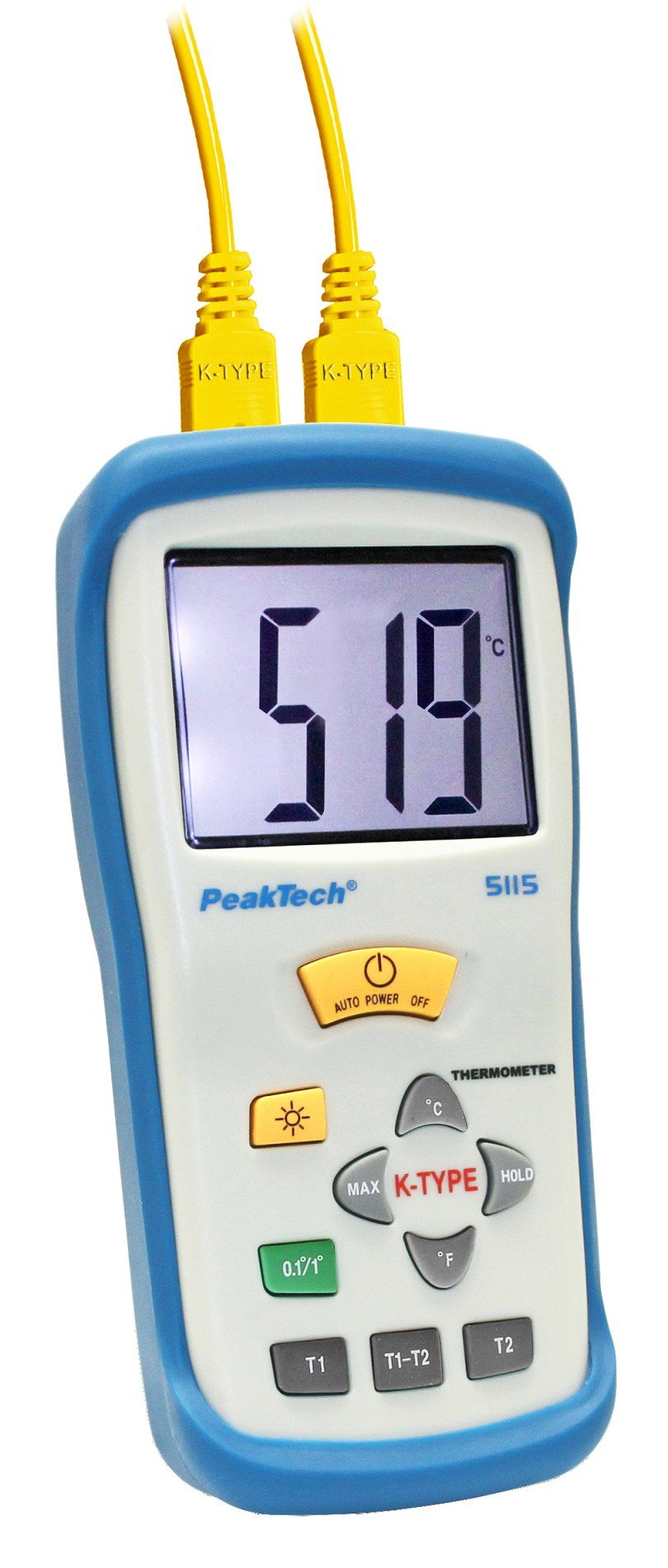 PeakTech 2 Channel Professional Digital Thermometer with Large Display for Type K Sensor/Thermocouple -50 +1300 °C; 2000 Count, Pack of 1, P 5115