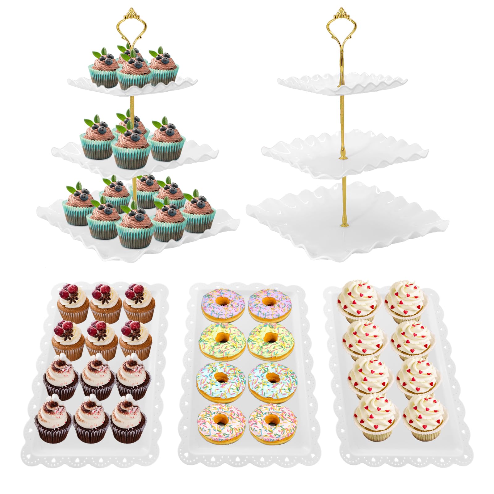 Photo 1 of **MISSING HARDWARE**NAXIHOPT 5 Pcs Dessert Table Display Set, White Plastic 2 Pcs Square 3 Tier Cupcake Stand Cup Cake Tower Stand with Metal Rod & 3 Pcs Serving Tray for Baby Shower, Tea Party, Wedding, Birthday Party