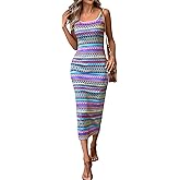 PRETTYGARDEN Tank Dress for Women 2026 Summer Casual Striped Maxi Dresses Fitted Square Neck Beach Vacation Bohemian Sundress