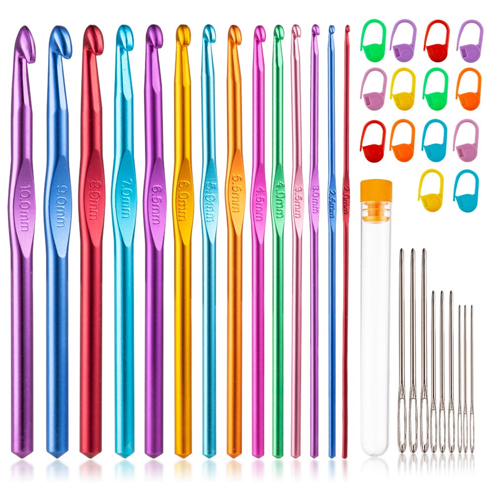 Vodiye 14 Sizes Crochet Hooks Set, 2.0-10.0mm, Metal Crochet Needles | Crochet Hooks for Beginners and Craft Lovers with Ergo