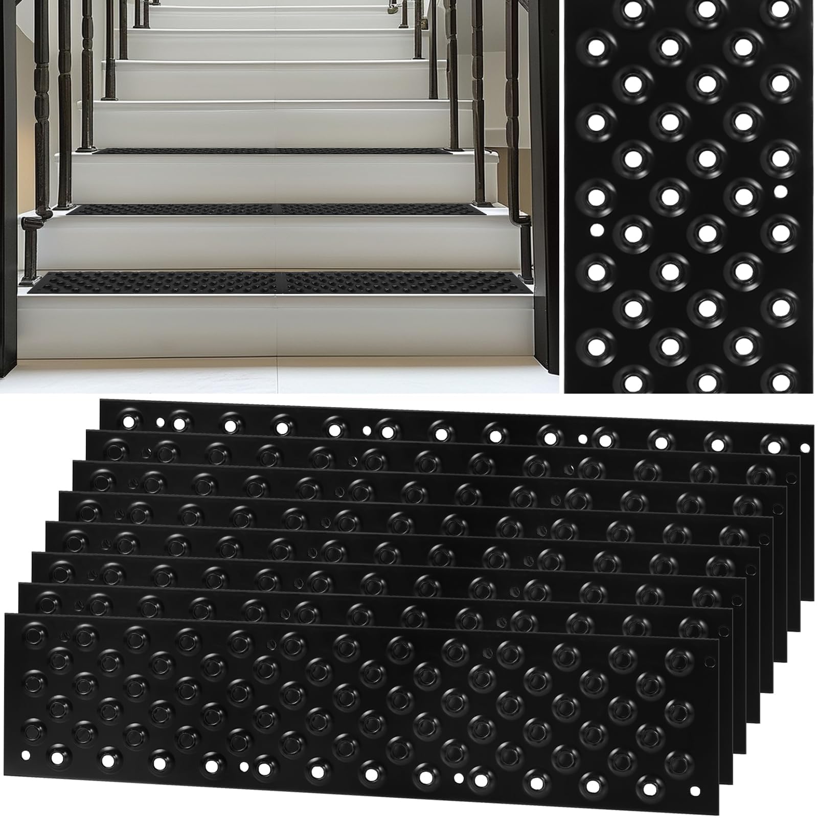 Photo 1 of 8 Pack Non Slip Aluminum Stair Tread,16 x 3.75 Inch Aluminum Anti-Slip Stair Strip with Screws, Anti Slip Outdoor Stair Treads Coated Black, Metal Stair Nosing Stair Treads for Wooden Ramp Deck Steps