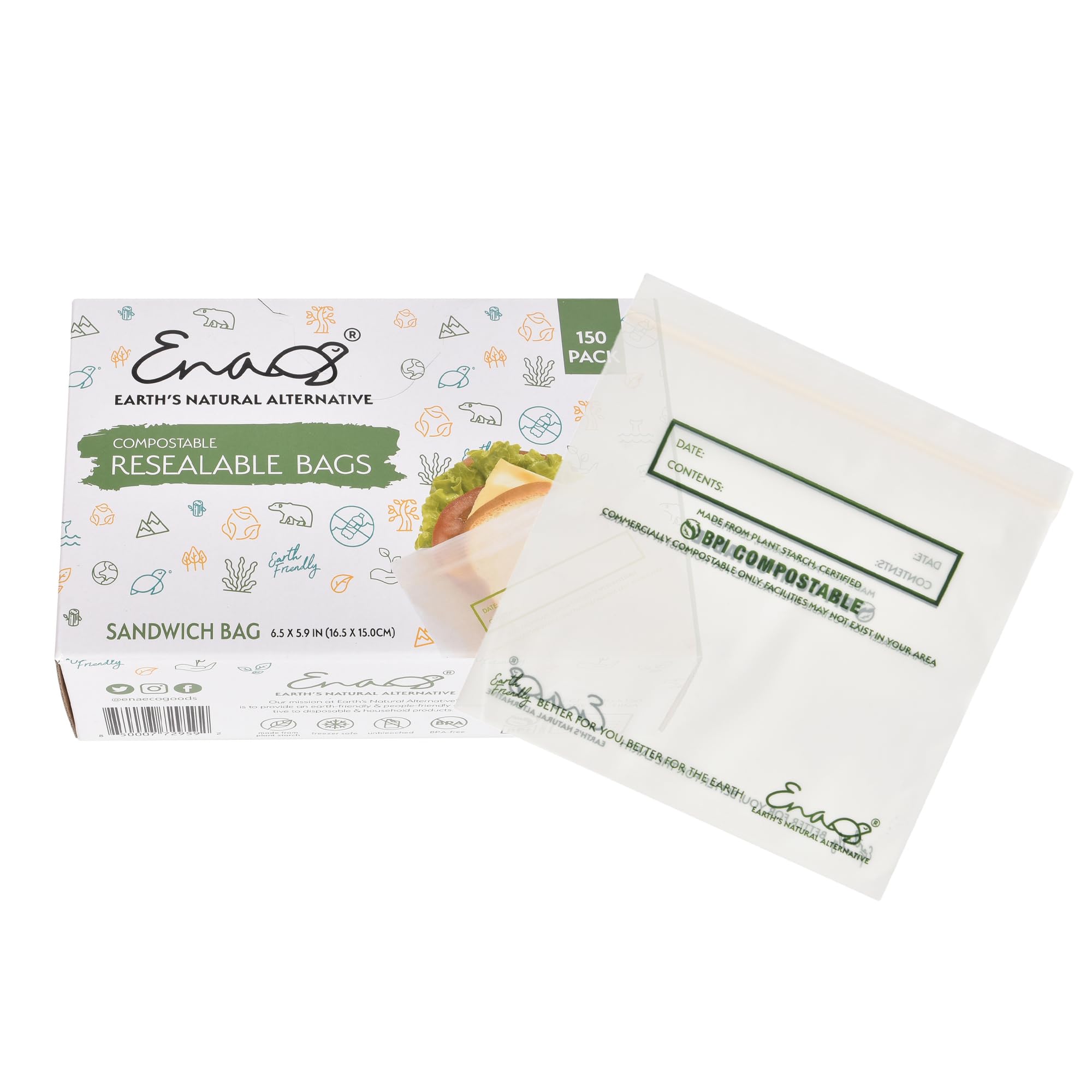 Photo 1 of 100% Compostable Food Storage Bags [Sandwich 150 Pack] Eco-Friendly Freezer Bags, Resealable Bags, Heavy-Duty, Reusable, by Earth's Natural Alternative, off white