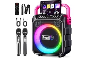 Znoyaf Karaoke Machine for Adults & Kids, 5.3 Bluetooth Speaker Portable with 2 Wireless Microphones, Bass/Treble Adjustment, Remote and LED Light, Support REC/FM/AUX/USB/TF for Home Party, Blackpink