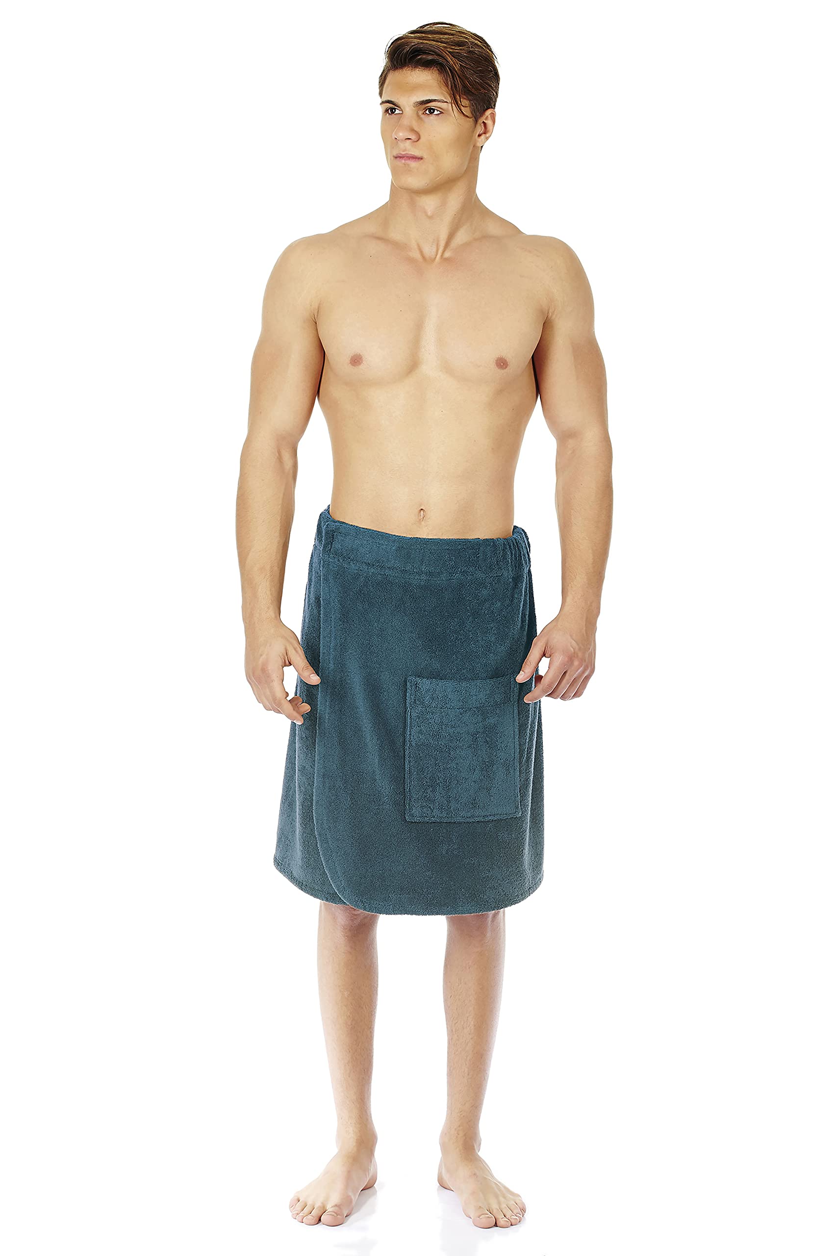 Arus Men's Robe GOTS Certified Organic Turkish Cotton Bathrobe Adjustable Closure Shower and Bath Wrap, Ocean Blue, L-X-L