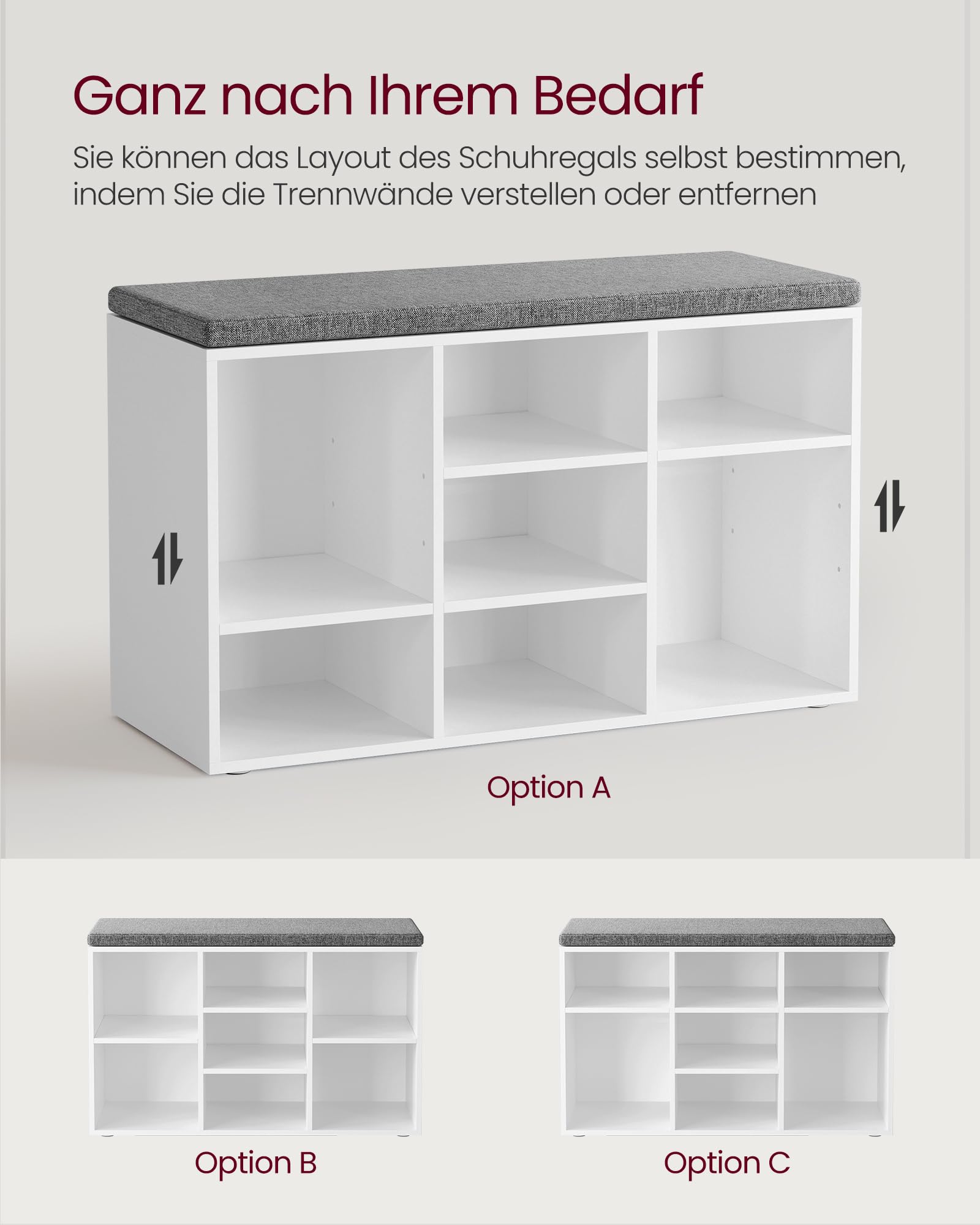 VASAGLE Schuhbank, Schuhregal mit Sitzfläche, Sitzbank mit Stauraum, Kissen, 9 Fächer, verstellbare Ablagen, für Wohnzimmer, Flur, 30,3 x 78,5 x 48 cm, wolkenweiß-Taubengrau LHS009W14 7