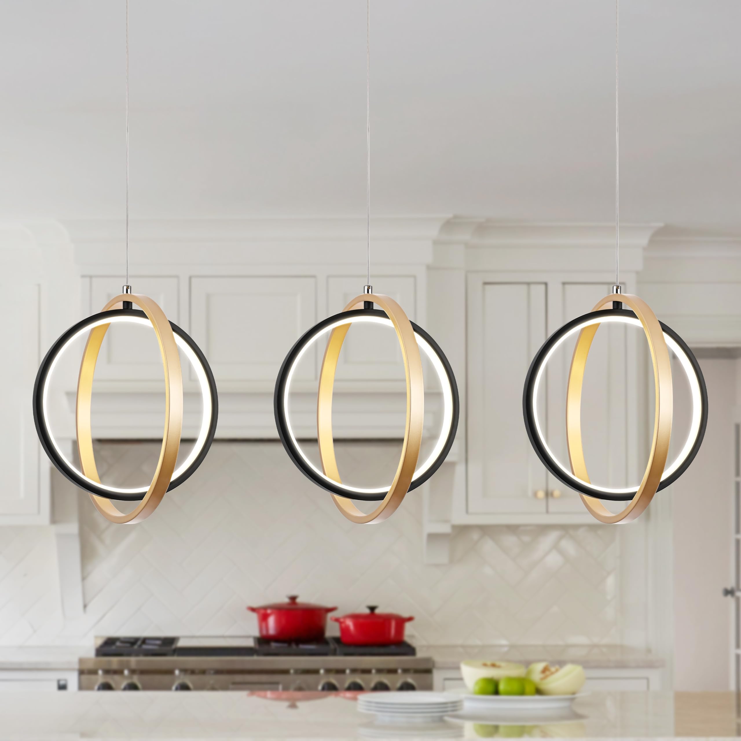 Photo 1 of AyshwillDec 3 Packs Gold Modern LED Pendant Light Modern Led Pendant Light Ring Chandelier Height-Adjustable Suspended Ceiling Fixtures for Entrance Living Room Dining Room Kitchen Island Bedroom