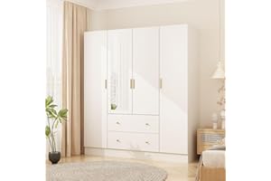 MOUMON 4 Door Wardrobe Armoire Closet with Mirror Door & Shelves, Armoire Wardrobe Closet with 2 Hanging Rods, Armoires and Wardrobes with 2 Drawers, White (63”W x 19.7”D x 70.9”H)