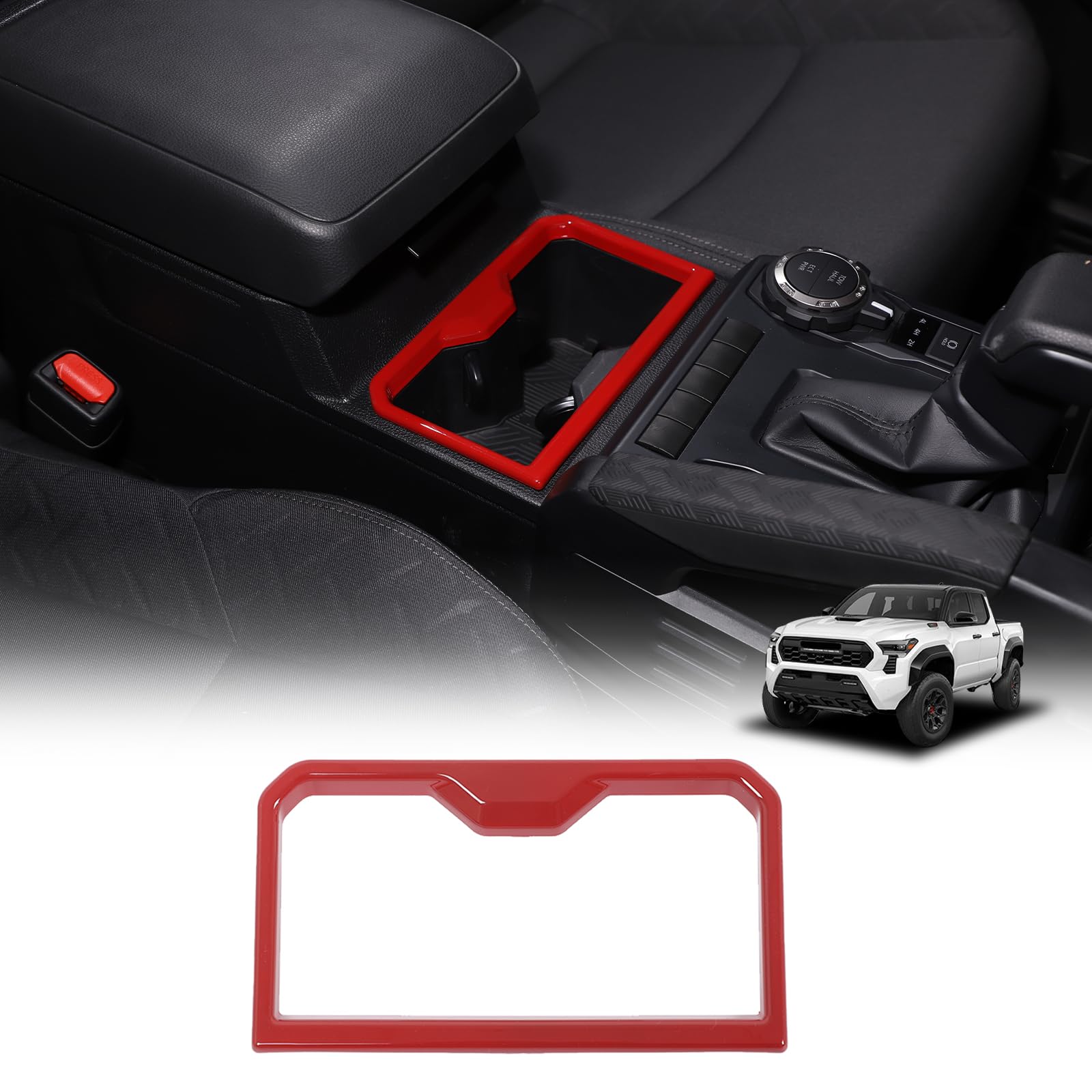 Photo 1 of Daeiclru Front Cup Holder Panel Cover Compatible with Toyota Tacoma 2024 2025, Center Control Water Cup Holder Cover Interior Decoration Accessories (Red)