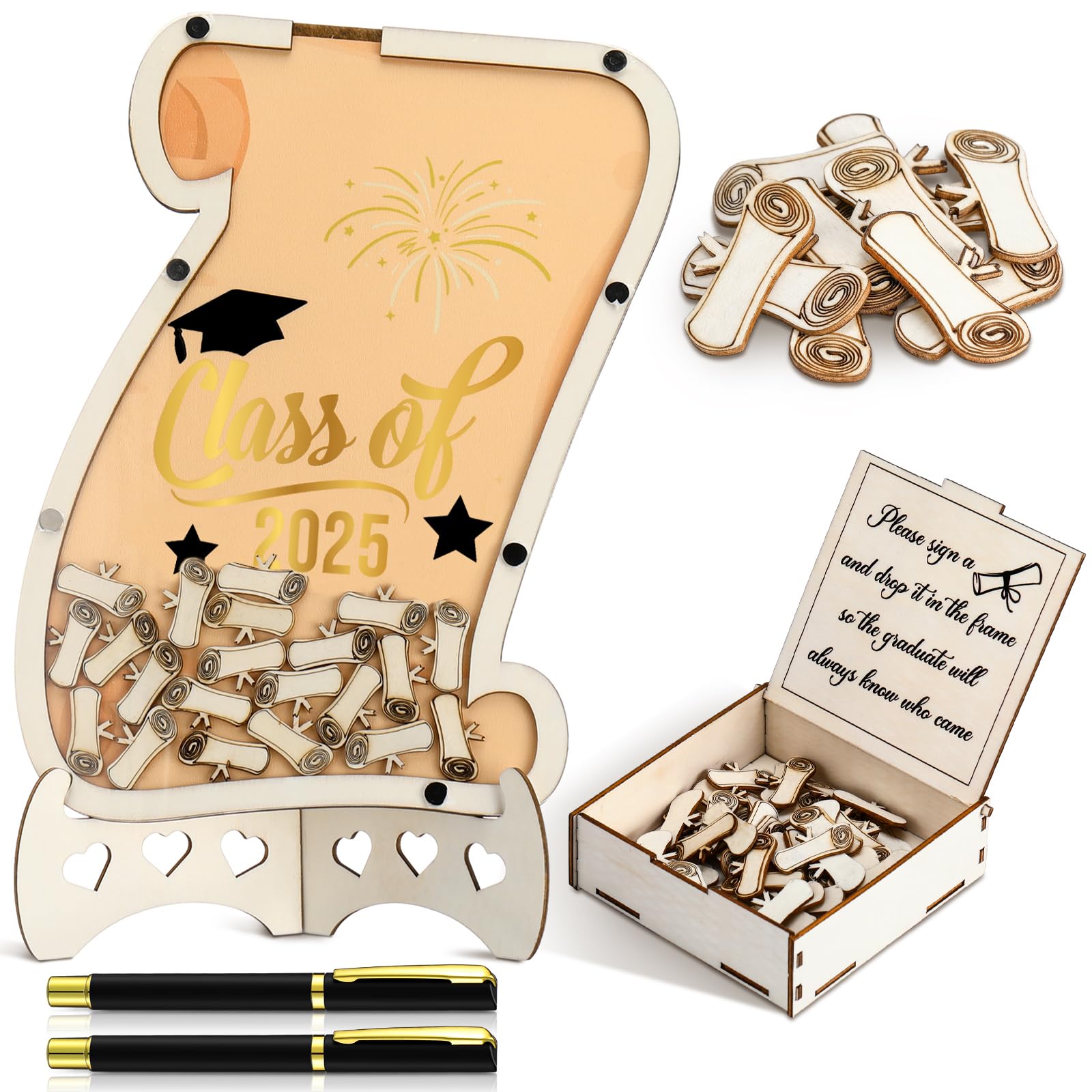 Photo 1 of Burbell Graduation Guest Book 2025 Graduation Signatures Collecting Name Drop Sign Book with 100pcs Wooden Scroll 1pc Storage Welcome Box 2pcs Pens for Congrats Graduation Party
