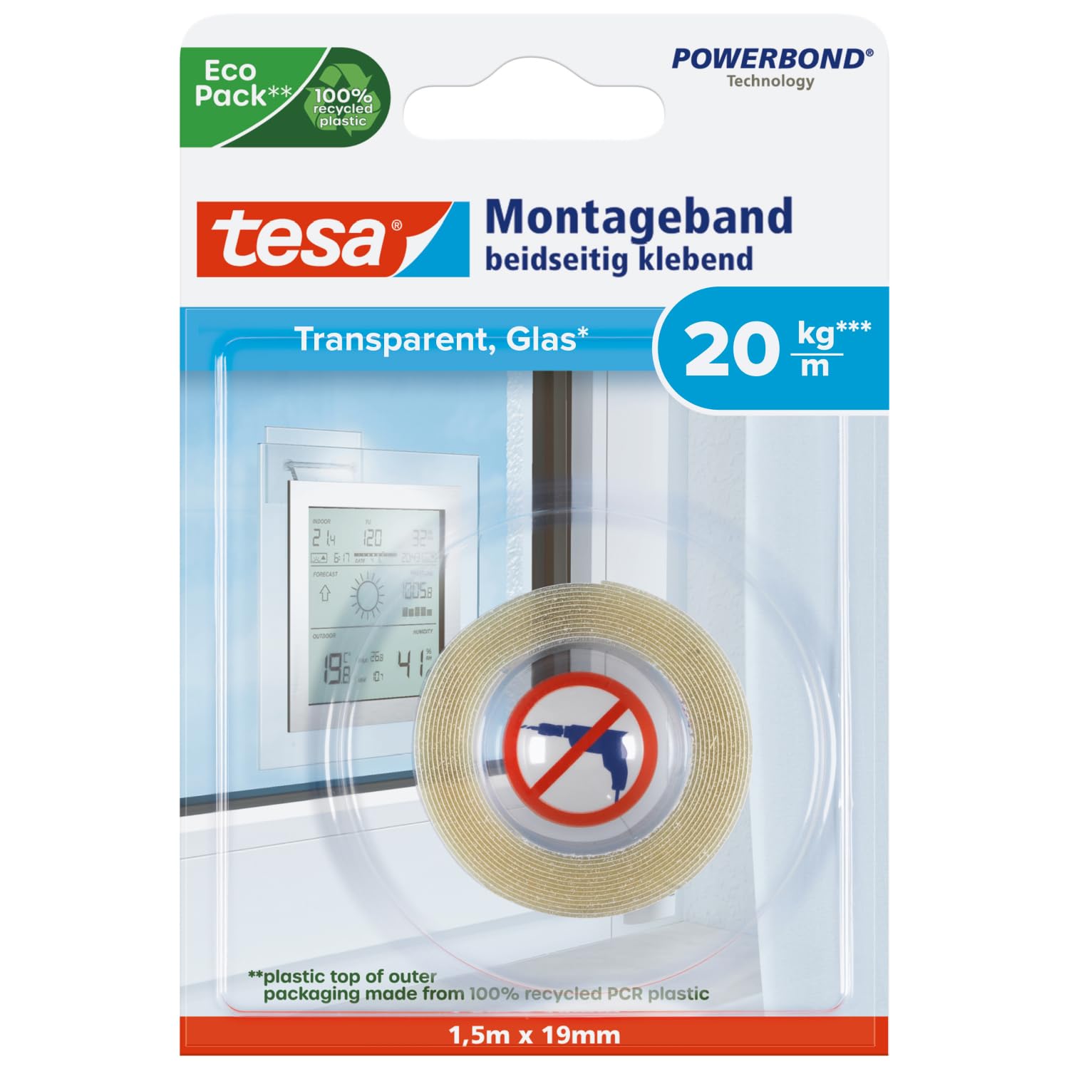 tesa Mounting Tape for Transparent Surfaces and Glass, 1.5 m x 19 mm