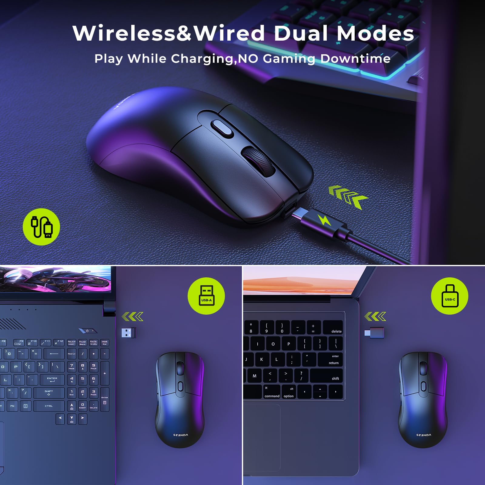 seenda Wireless Gaming Mouse, USB C Mouse, Web-Based Driver, 18000 DPI, 67g Lightweight, 6 Programmable Buttons, Type-C Rechargeable Mouse Gamer for PC/Laptop/Mac - Black
