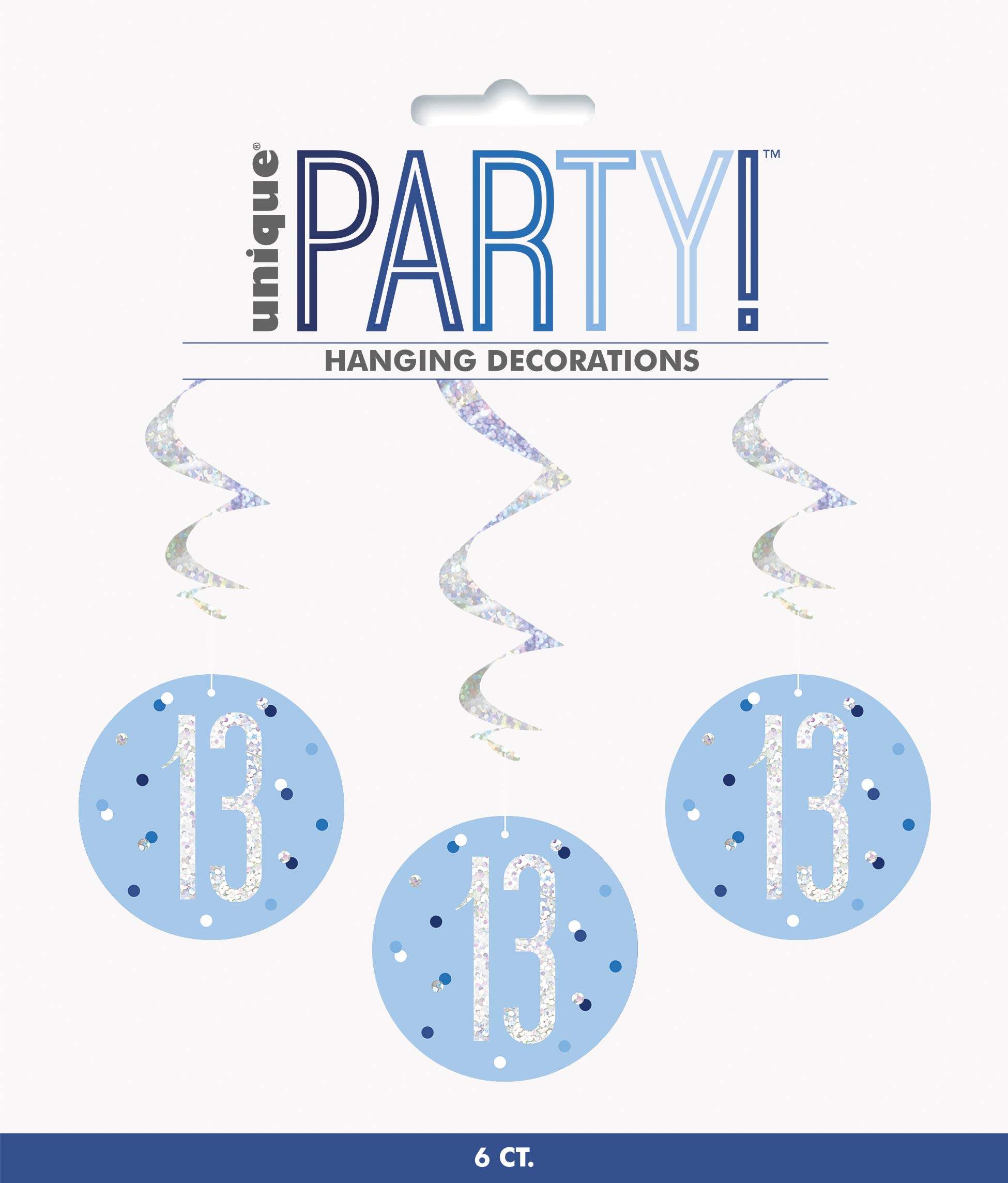 Unique Party 83794 - Hanging Swirl Glitz Blue & Silver 13th Birthday Decorations, Pack of 6