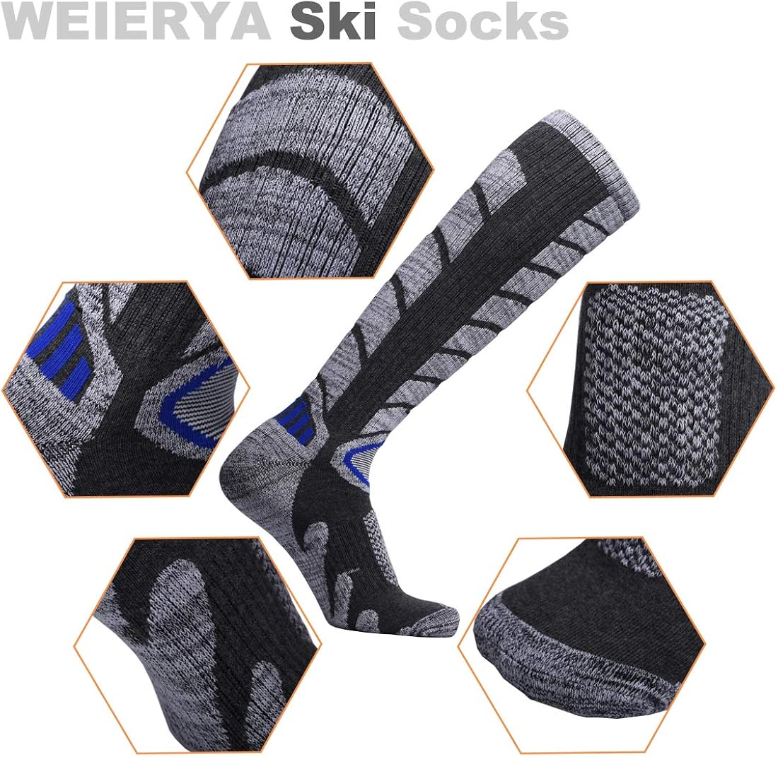 WEIERYA Ski Socks 2 Pairs Pack for Skiing, Snowboarding, Outdoor Sports Performance Socks: Clothing