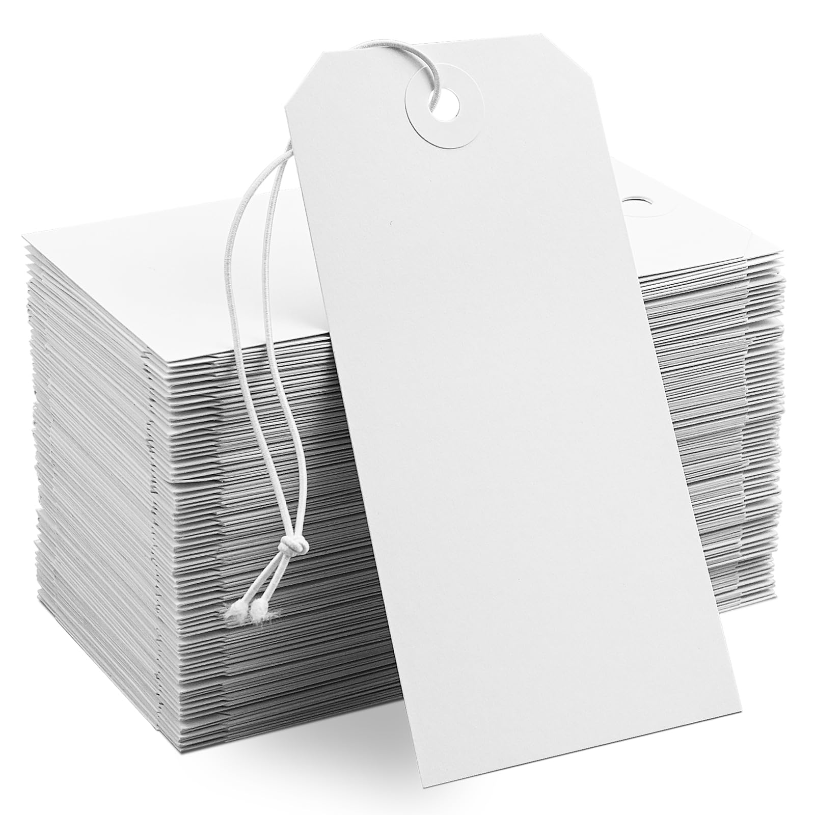 Photo 1 of 100 Pack White Shipping Tags with Elastic String Blank Labeling Tags with Strings Attached, 4 3/4" x 2 3/8"